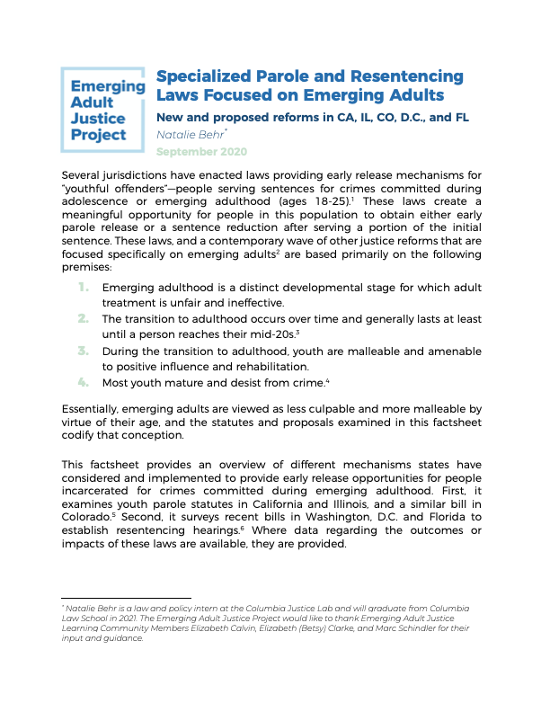 Specialized Parole and Resentencing Laws for Emerging Adults