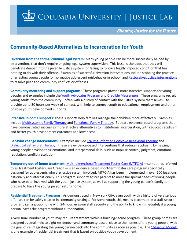 Community-Based Alternatives to Incarceration for Youth