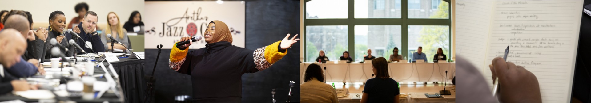 A bar of four images: far left, a picture of Round Table participants sitting around a table with microphones listening to a speaker, middle left, a woman with a hijab singing, middle right, a woman speaking before a group of people at a table, far right, a notebook with writing on it.
