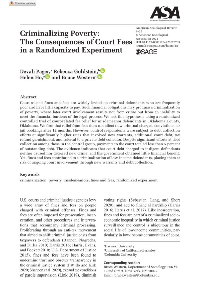 Criminalizing poverty: The consequences of court fees in a randomized experiment (cover page)