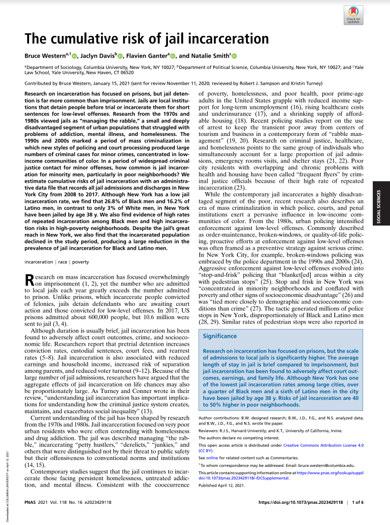 The cumulative risk of jail incarceration (cover image)