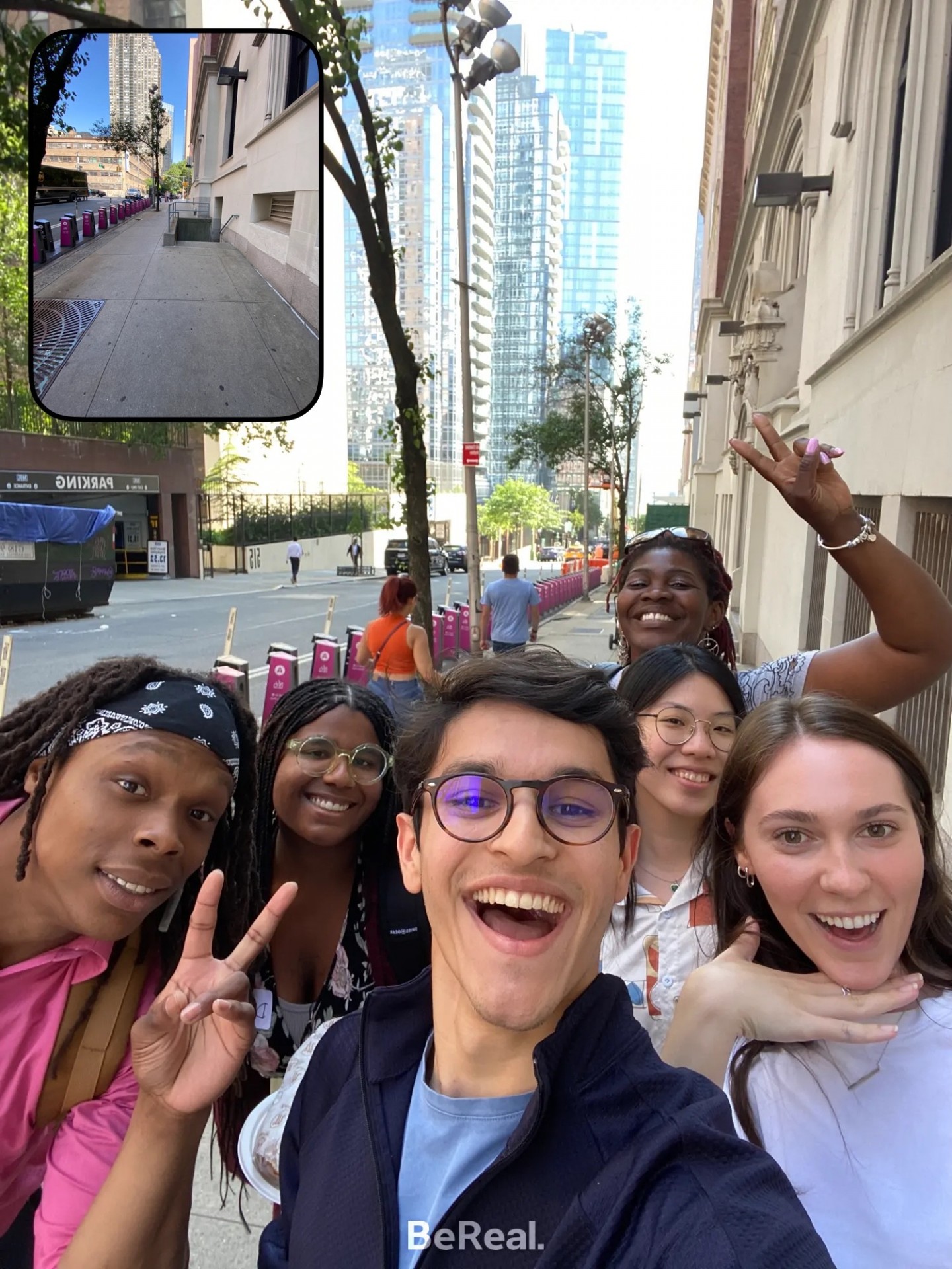 A picture of the 2023 Justice Lab Summer Fellows: Alford Young III, Denise Taveras, Ashwin Marathe, Ariel Yu, Claire Stalder, Lisette Bamenga (back). Not pictured: Daniela Palacios, Elizabeth Carpenter.