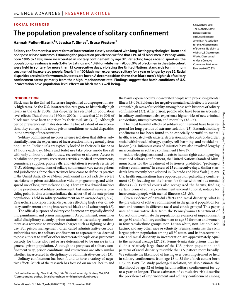 The population prevalence of solitary confinement (cover image)