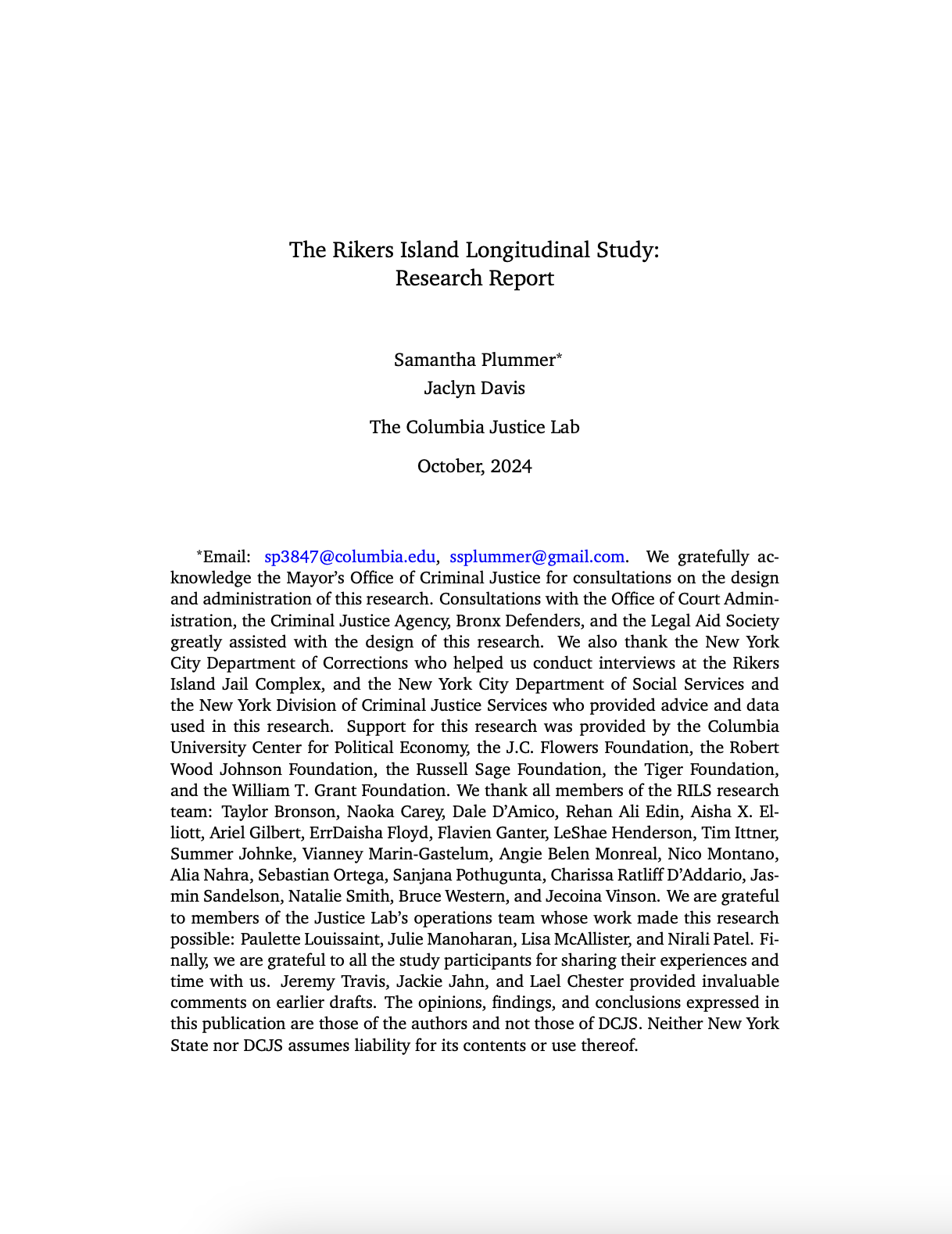 The Rikers Island Longitudinal Study: Research Report