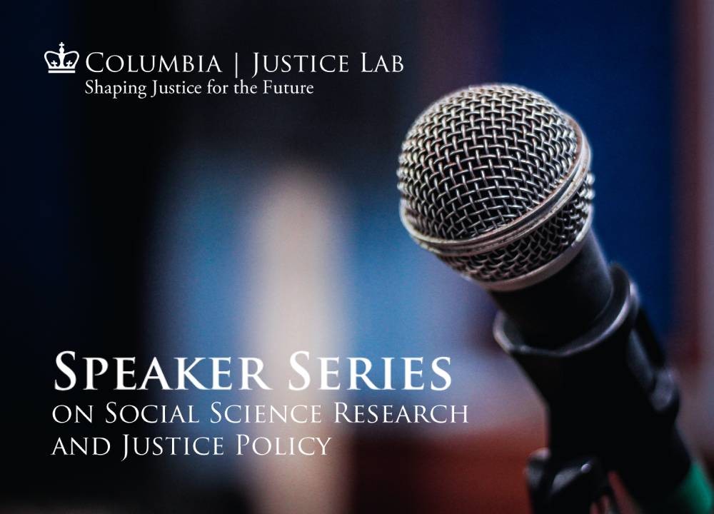A photo of a microphone with "Speaker Series on Social Science Research and Justice Policy" to the left of it.