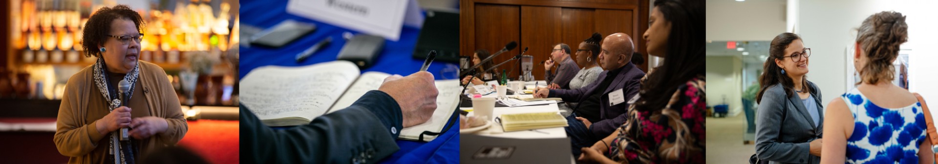 A bar of four images: far left, a picture of a speaker with a microphone, middle left, a hand writing in a notebook, middle right, a group of people taking notes at a round table, far right, two women speaking.