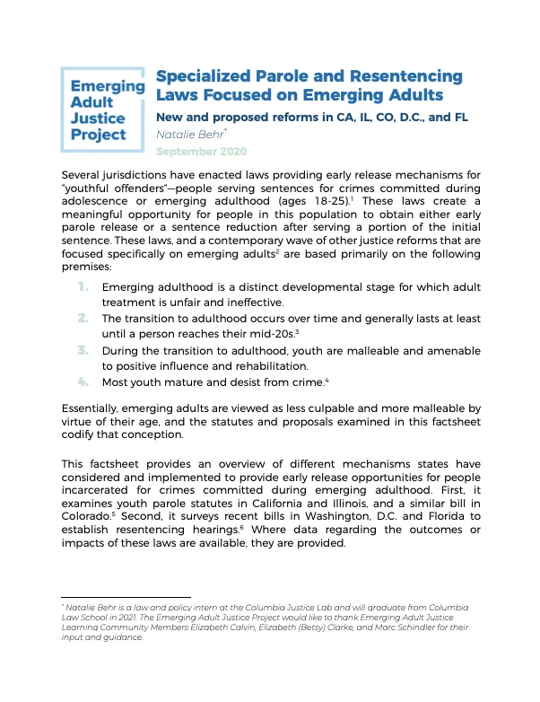 Specialized Parole and Resentencing Laws for Emerging Adults
