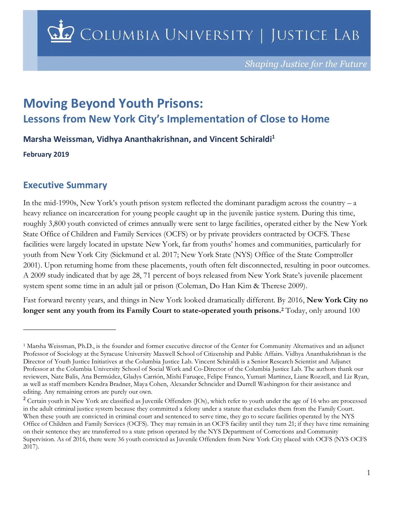 Moving Beyond Youth Prisons: Executive Summary